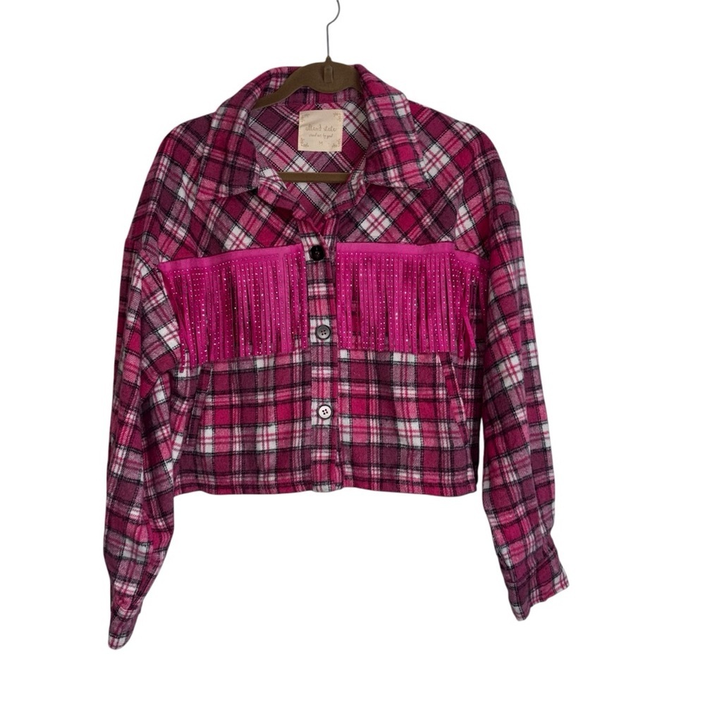 Altar'd State Vibrant Pink Plaid Fringe Jacket Women’s Medium Coastal Cowgirl